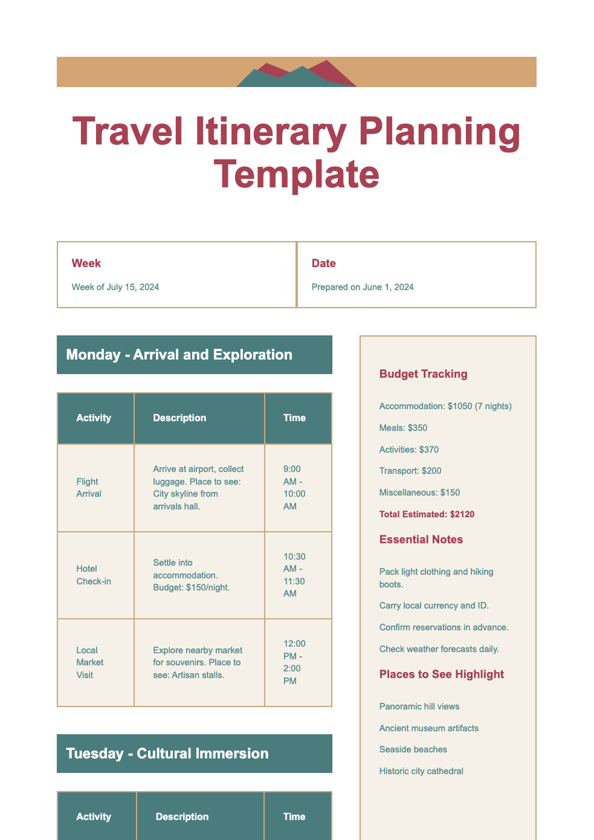 Travel itinerary template with mountain graphic and daily budget sections_variant_2